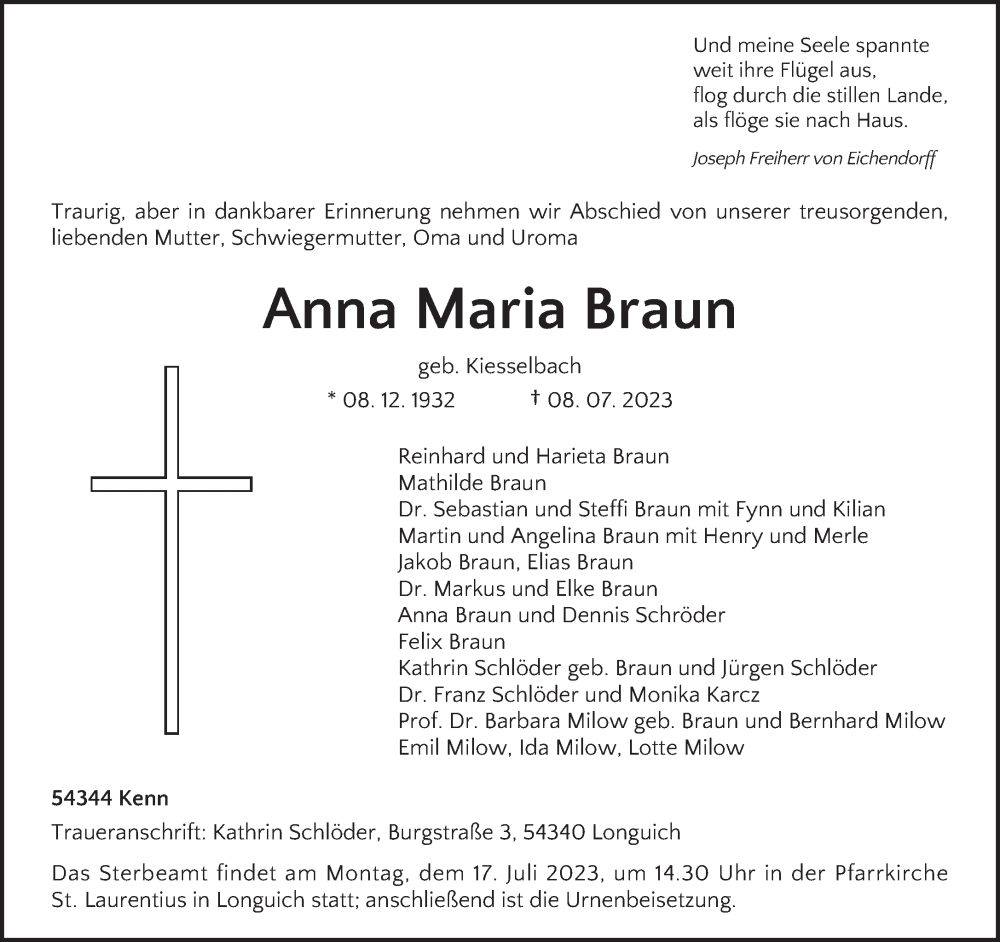  Traueranzeige für Anna Maria Braun vom 12.07.2023 aus trierischer_volksfreund