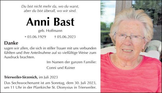 Traueranzeige von Anni Bast von trierischer_volksfreund