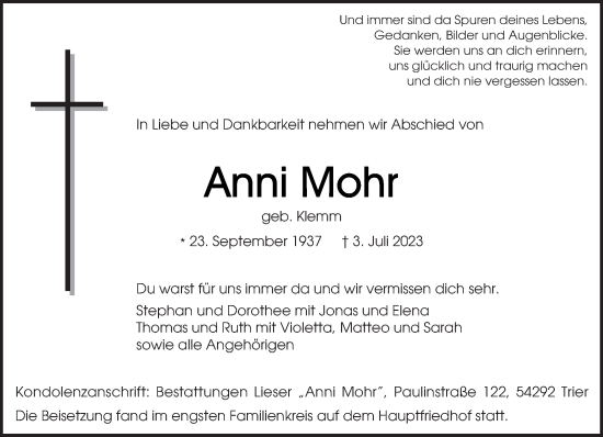 Traueranzeige von Anni Mohr von trierischer_volksfreund