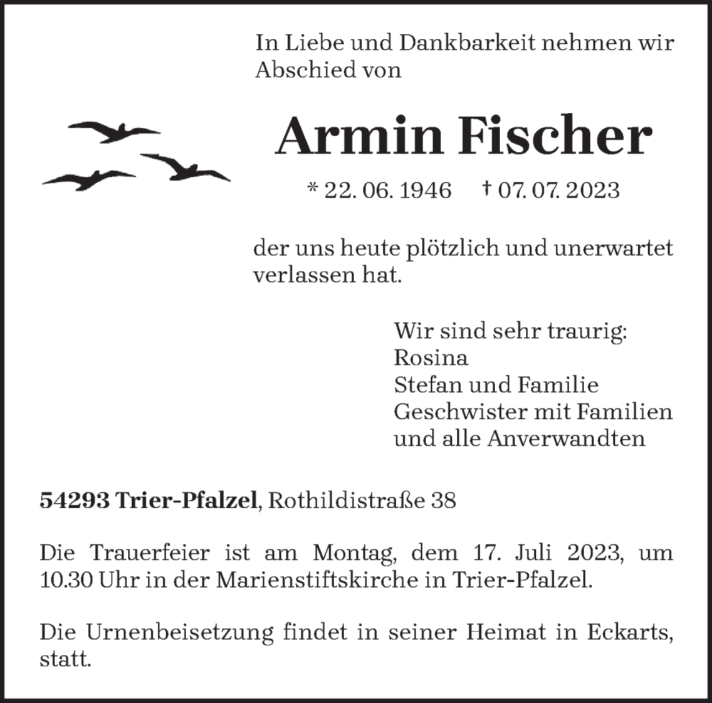  Traueranzeige für Armin Fischer vom 12.07.2023 aus trierischer_volksfreund