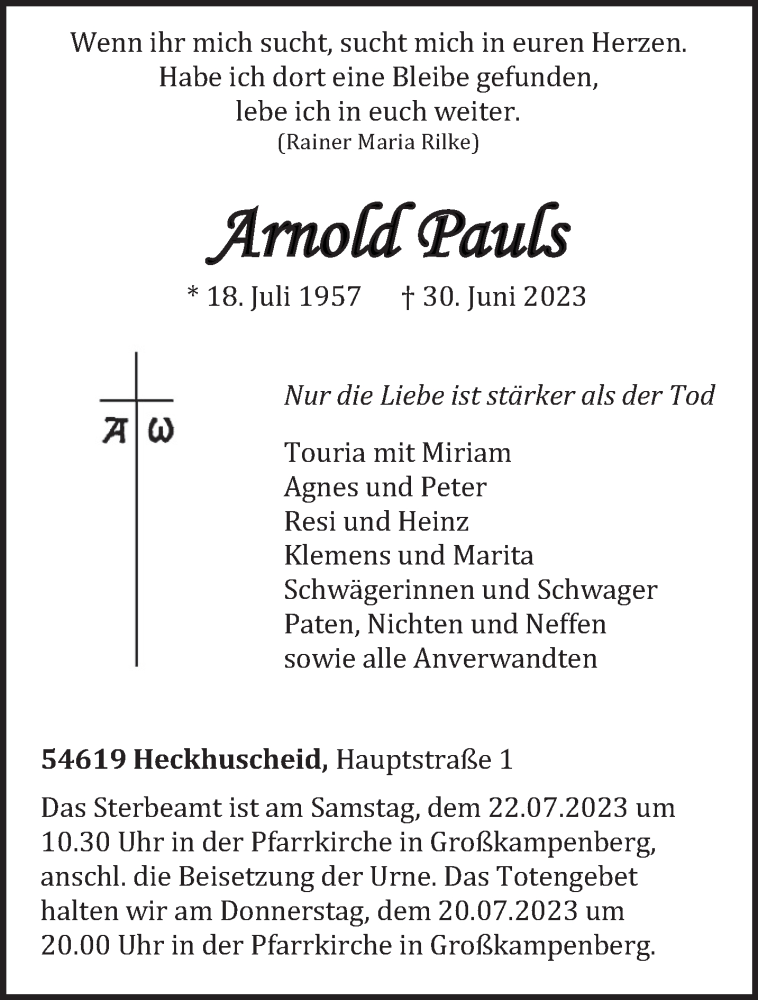  Traueranzeige für Arnold Pauls vom 19.07.2023 aus trierischer_volksfreund