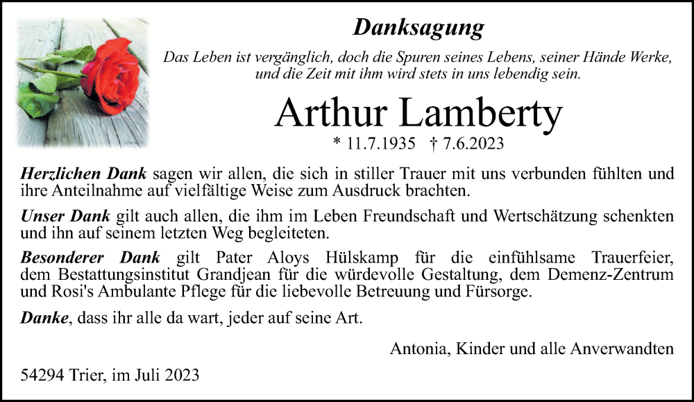  Traueranzeige für Arthur Lamberty vom 14.07.2023 aus trierischer_volksfreund