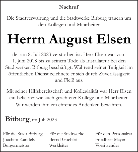 Traueranzeige von August Elsen von trierischer_volksfreund