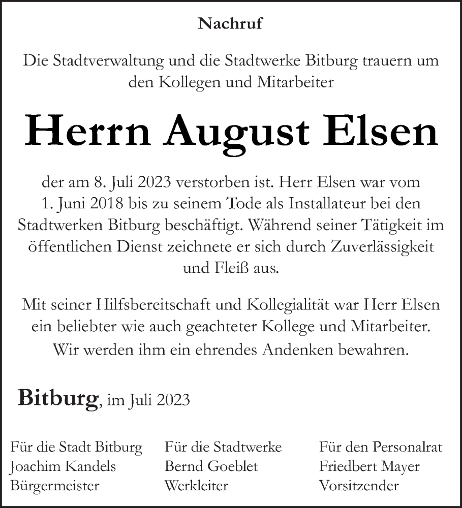  Traueranzeige für August Elsen vom 22.07.2023 aus trierischer_volksfreund