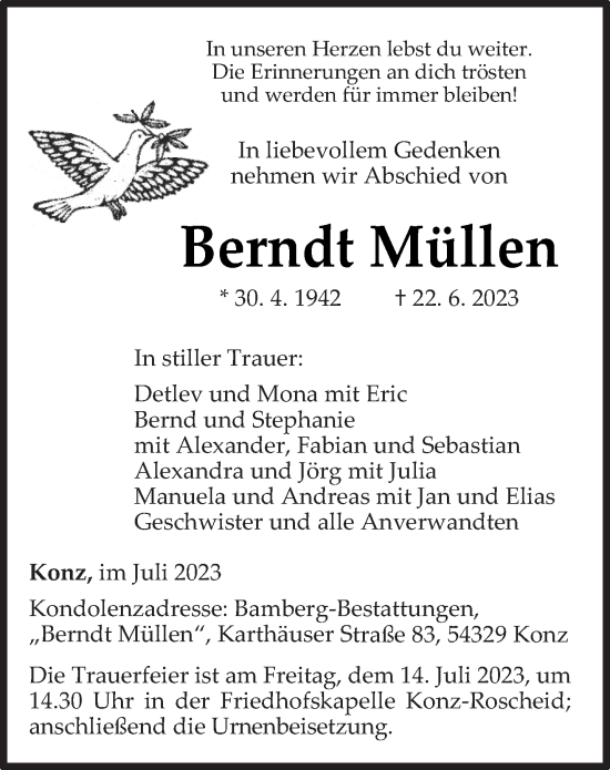 Traueranzeige von Berndt Müllen von trierischer_volksfreund