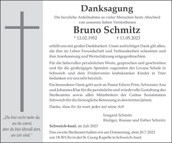 Traueranzeige von Bruno Schmitz von trierischer_volksfreund