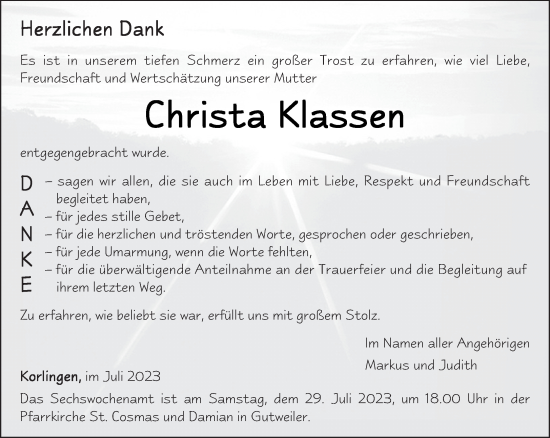 Traueranzeige von Christa Klassen von trierischer_volksfreund