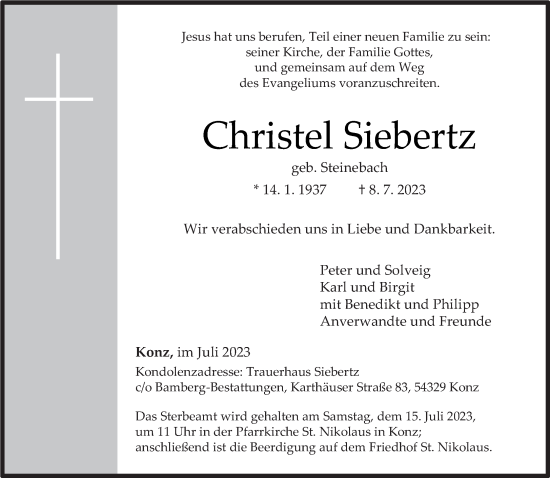 Traueranzeige von Christel Siebertz von trierischer_volksfreund