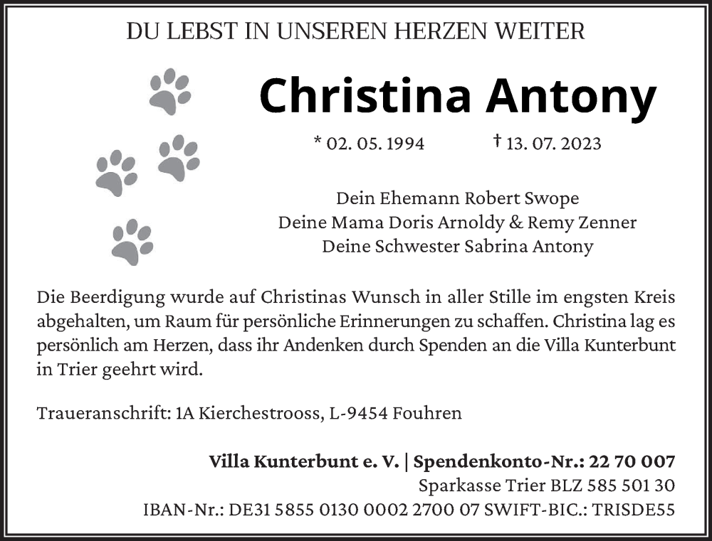 Traueranzeige für Christina Antony vom 22.07.2023 aus trierischer_volksfreund