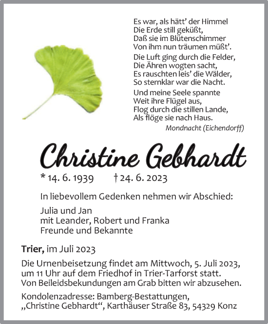 Traueranzeige von Christine Gebhardt von trierischer_volksfreund