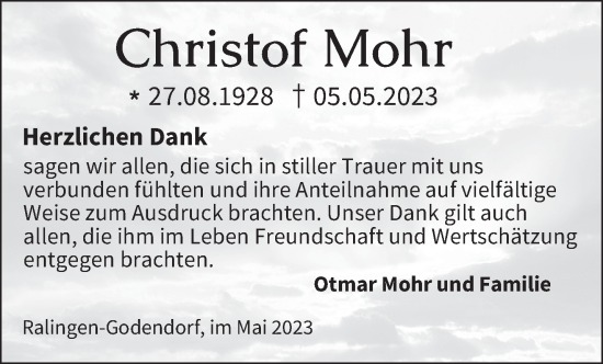 Traueranzeige von Christof Mohr von trierischer_volksfreund