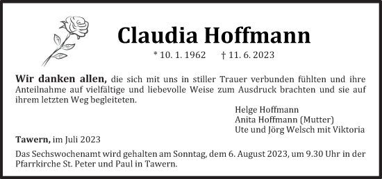 Traueranzeige von Claudia Hoffmann von trierischer_volksfreund