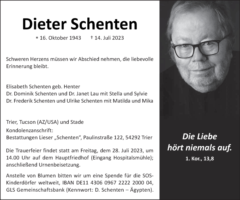  Traueranzeige für Dieter Schenten vom 22.07.2023 aus trierischer_volksfreund