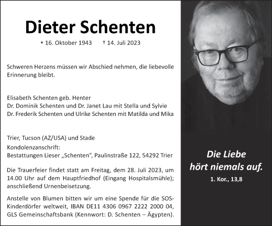 Traueranzeige von Dieter Schenten von trierischer_volksfreund