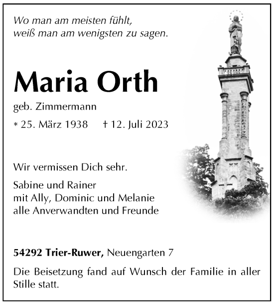 Traueranzeige von Maria Orth von trierischer_volksfreund