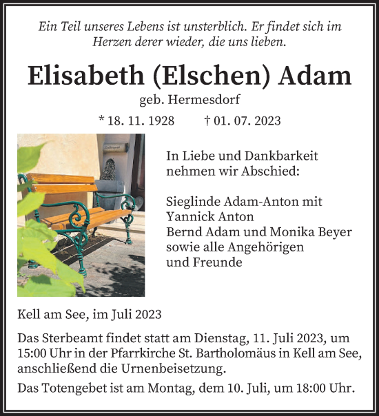 Traueranzeige von Elisabeth Adam von trierischer_volksfreund