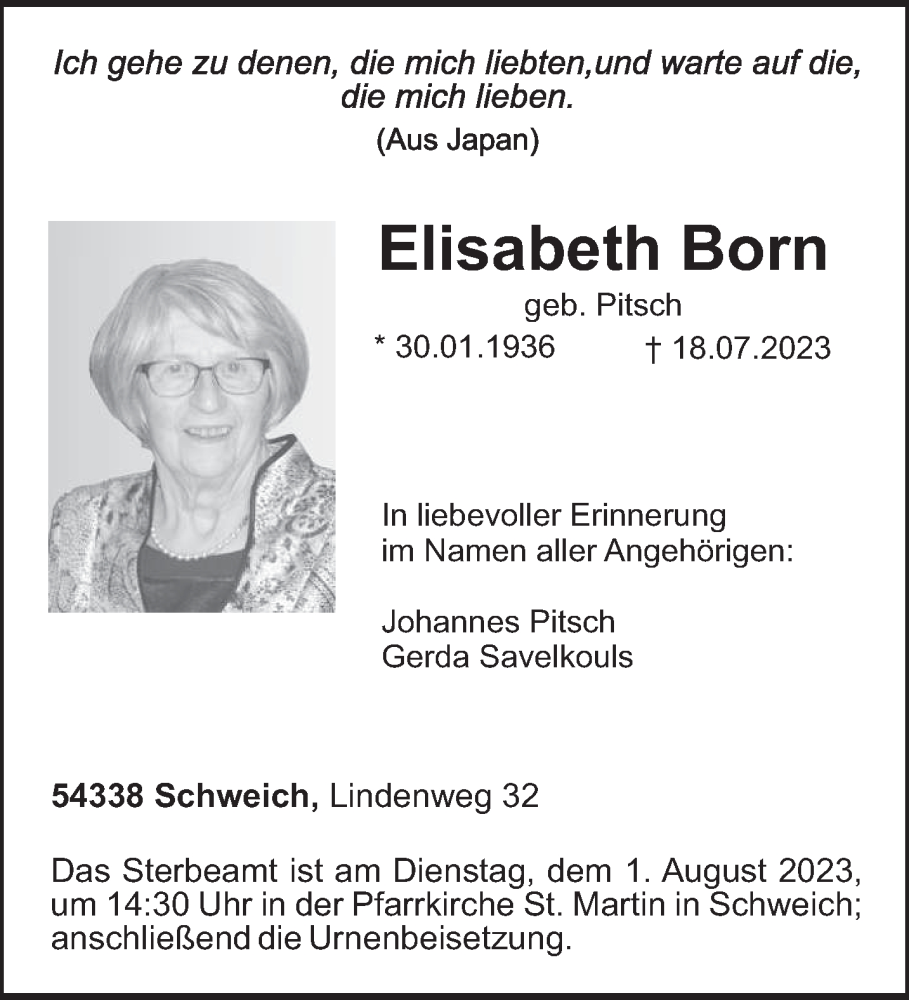  Traueranzeige für Elisabeth Born vom 29.07.2023 aus trierischer_volksfreund