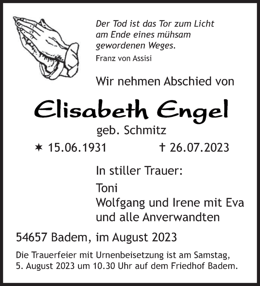  Traueranzeige für Elisabeth Engel vom 29.07.2023 aus trierischer_volksfreund