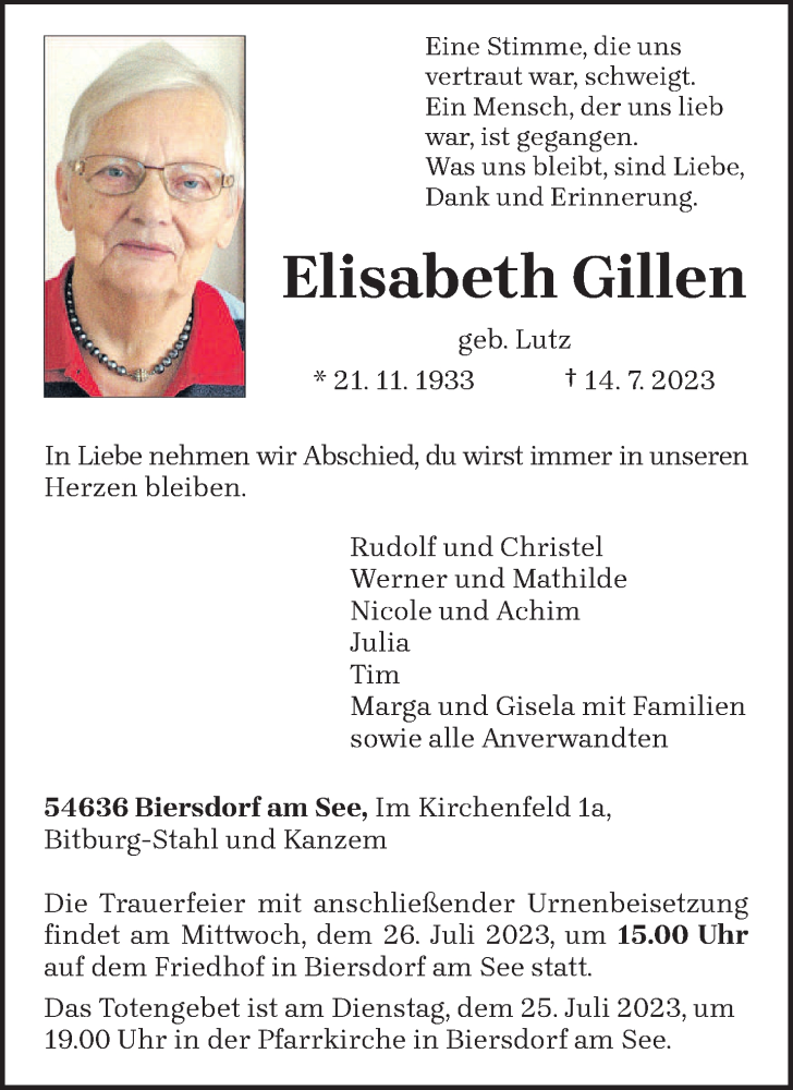  Traueranzeige für Elisabeth Gillen vom 22.07.2023 aus trierischer_volksfreund