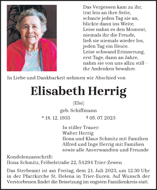 Traueranzeige von Elisabeth Herrig von trierischer_volksfreund