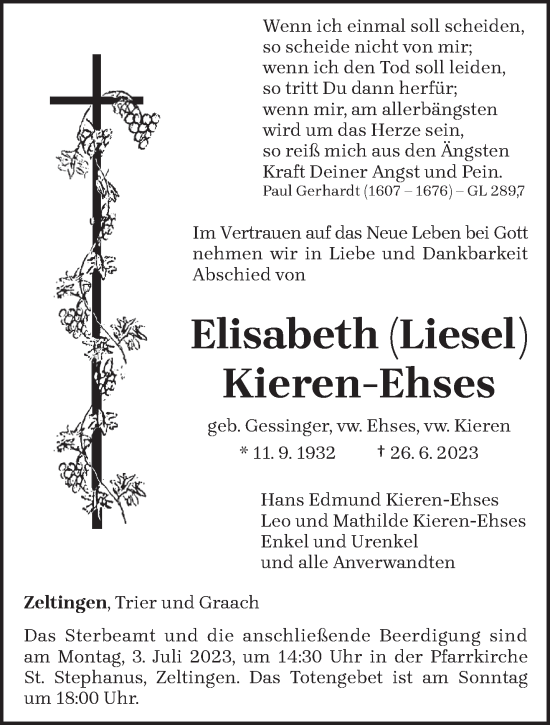 Traueranzeige von Elisabeth Kieren-Ehses von trierischer_volksfreund