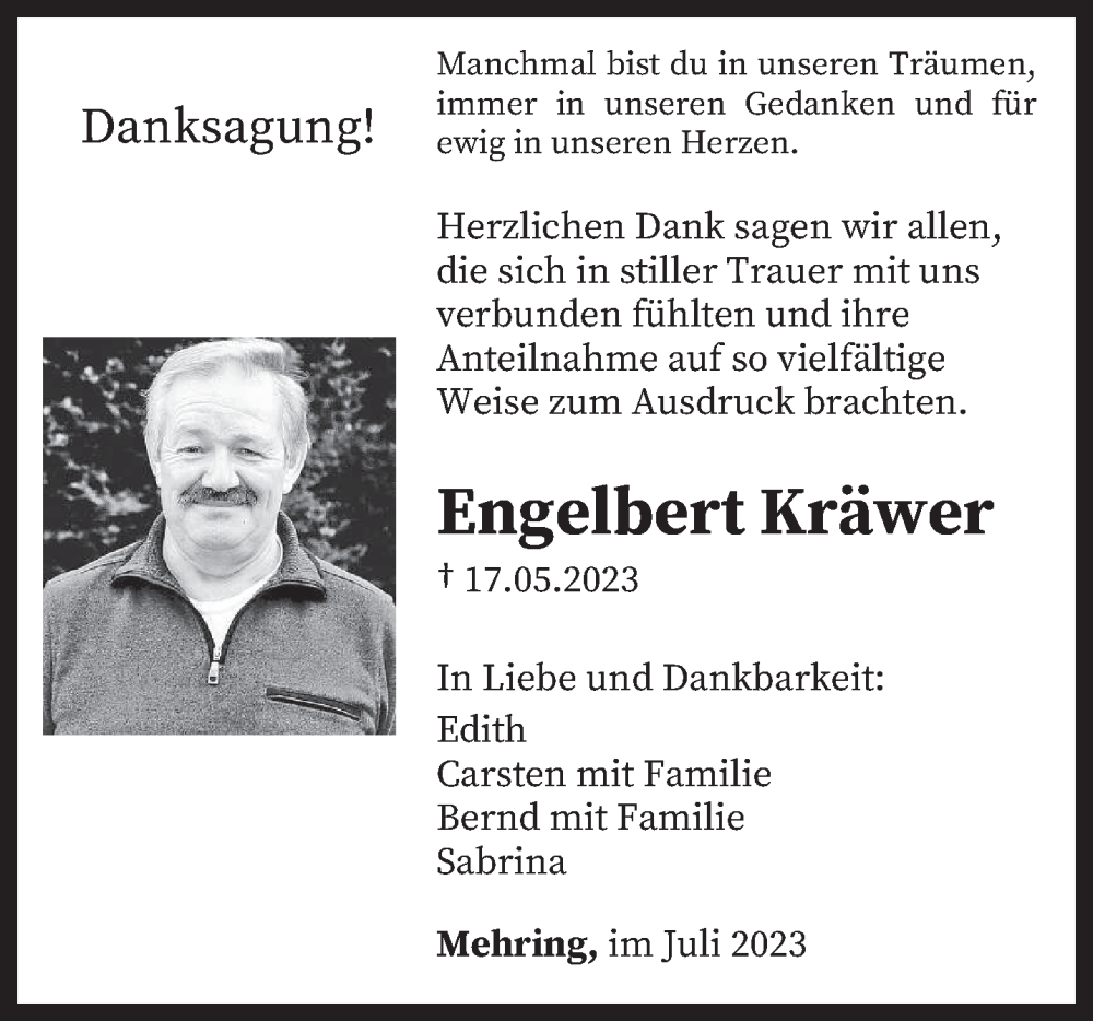  Traueranzeige für Engelbert Kräwer vom 08.07.2023 aus trierischer_volksfreund