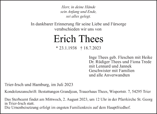 Traueranzeige von Erich Thees von trierischer_volksfreund