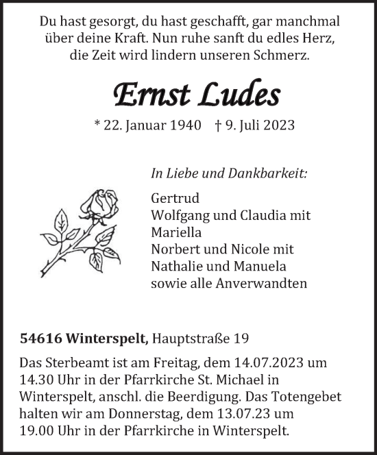 Traueranzeige von Ernst Ludes von trierischer_volksfreund