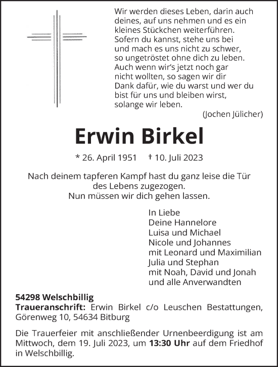 Traueranzeige von Erwin Birkel von trierischer_volksfreund