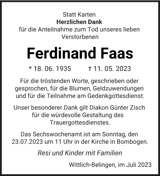 Traueranzeige von Ferdinand Faas von trierischer_volksfreund