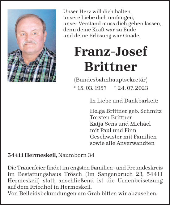 Traueranzeige von Franz-Josef Brittner von trierischer_volksfreund