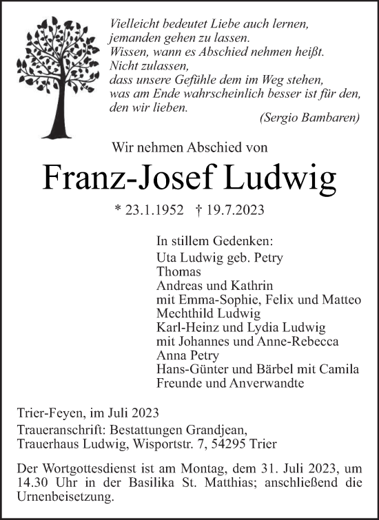 Traueranzeige von Franz-Josef Ludwig von trierischer_volksfreund
