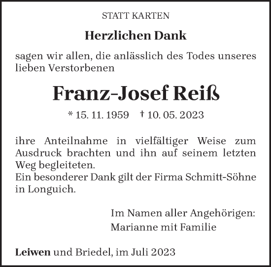 Traueranzeige von Franz-Josef Reiß von trierischer_volksfreund