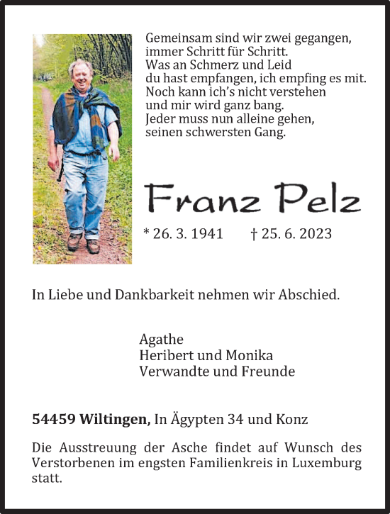 Traueranzeige von Franz Pelz von trierischer_volksfreund