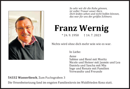 Traueranzeige von Franz Wernig von trierischer_volksfreund