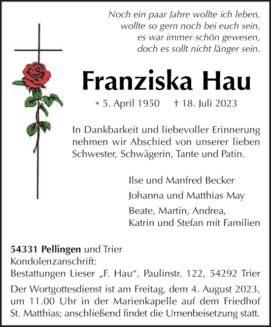 Traueranzeige von Franziska Hau von trierischer_volksfreund