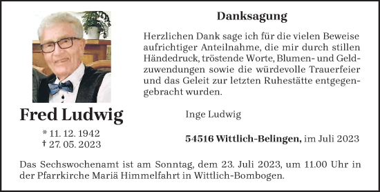 Traueranzeige von Fred Ludwig von trierischer_volksfreund