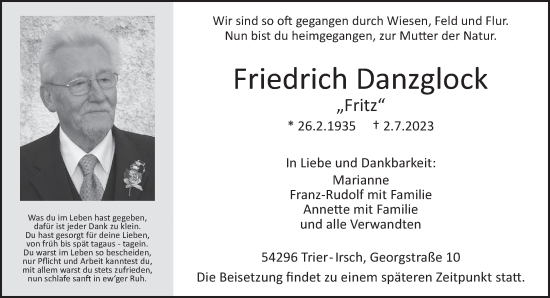 Traueranzeige von Friedrich Danzglock von trierischer_volksfreund