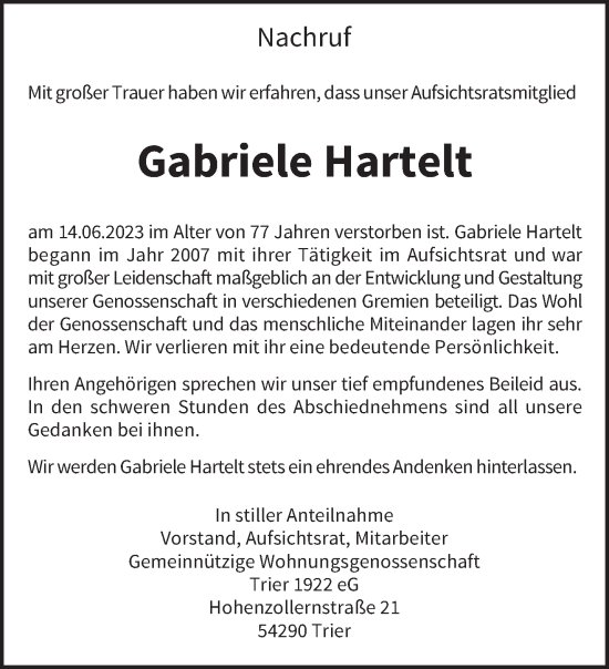 Traueranzeige von Gabriele Hartelt von trierischer_volksfreund