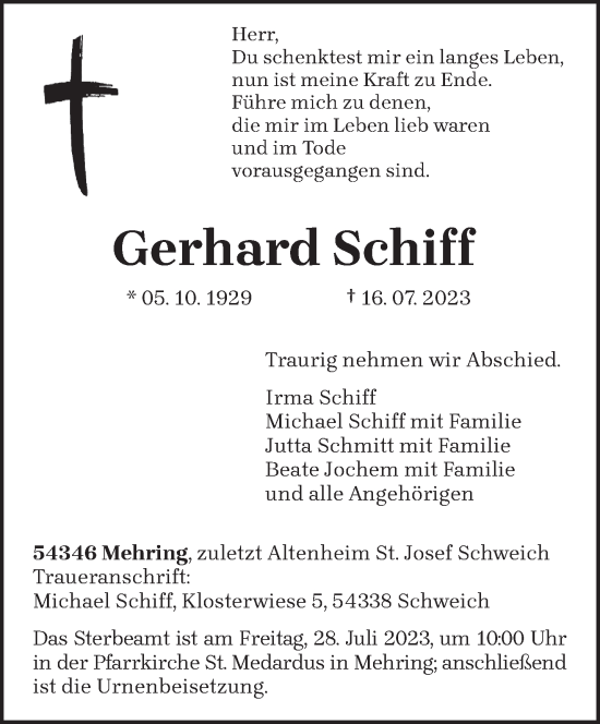 Traueranzeige von Gerhard Schiff von trierischer_volksfreund