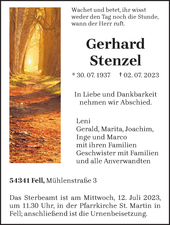 Traueranzeige von Gerhard Stenzel von trierischer_volksfreund