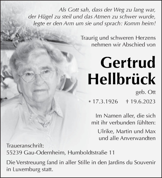 Traueranzeige von Gertrud Hellbrück von trierischer_volksfreund