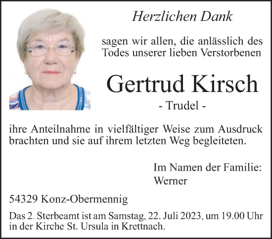 Traueranzeige von Gertrud Kirsch von trierischer_volksfreund