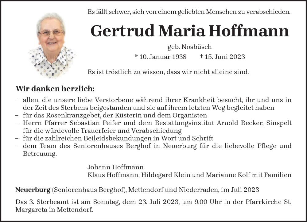  Traueranzeige für Gertrud Maria Hoffmann vom 19.07.2023 aus trierischer_volksfreund
