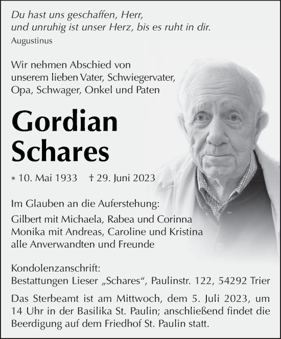 Traueranzeige von Gordian Schares von trierischer_volksfreund
