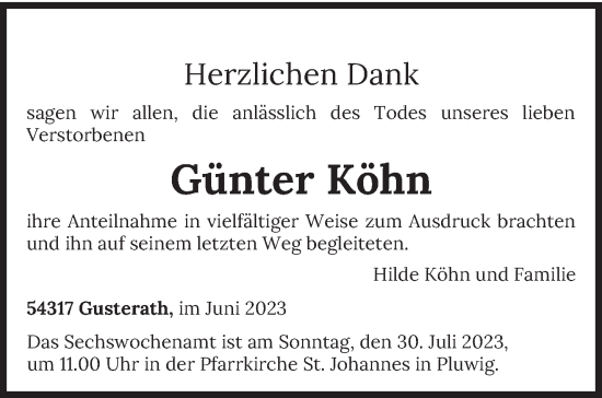 Traueranzeige von Günter Köhn von trierischer_volksfreund