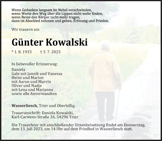 Traueranzeige von Günter Kowalski von trierischer_volksfreund