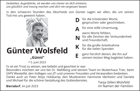 Traueranzeige von Günter Wolsfeld von trierischer_volksfreund