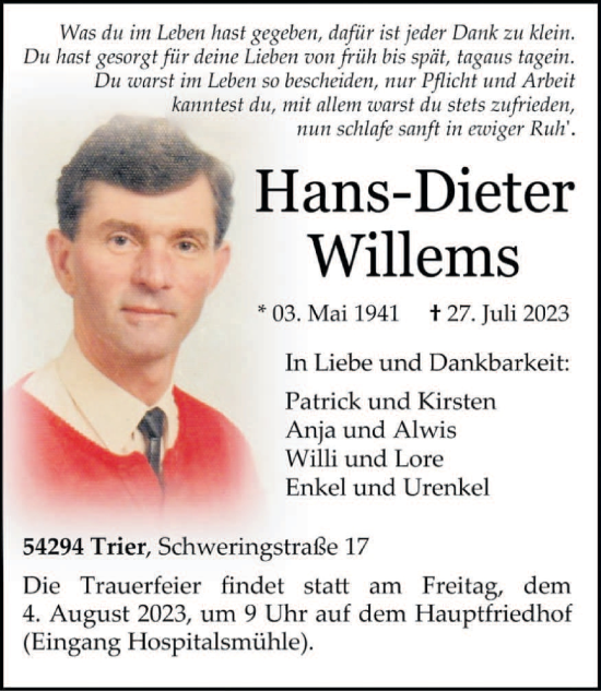 Traueranzeige von Hans-Dieter Willems von trierischer_volksfreund