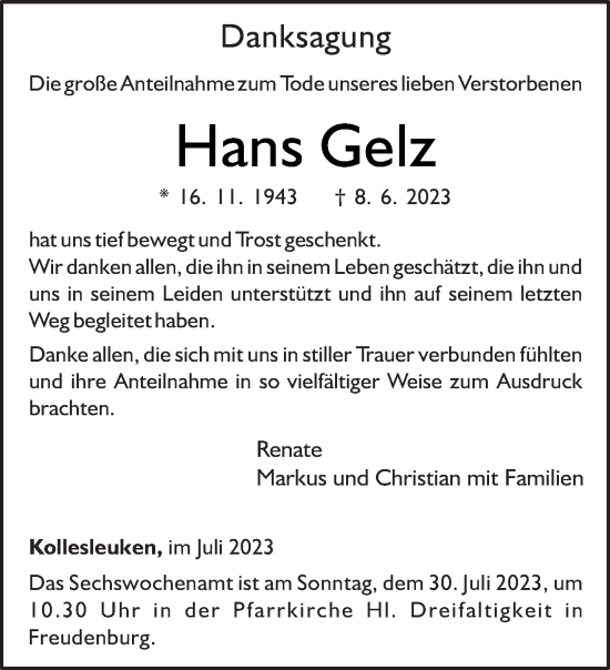 Traueranzeige von Hans Gelz von trierischer_volksfreund